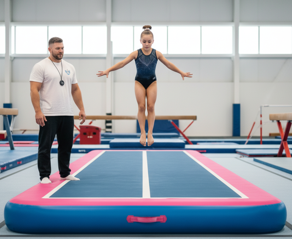 Gymnast landing safely on air track tumbling mat