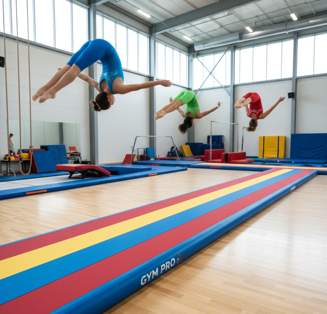 Cheerleaders using a long, custom air tracks mat for synchronized tumbling passes, highlighting safety and full-pass length.