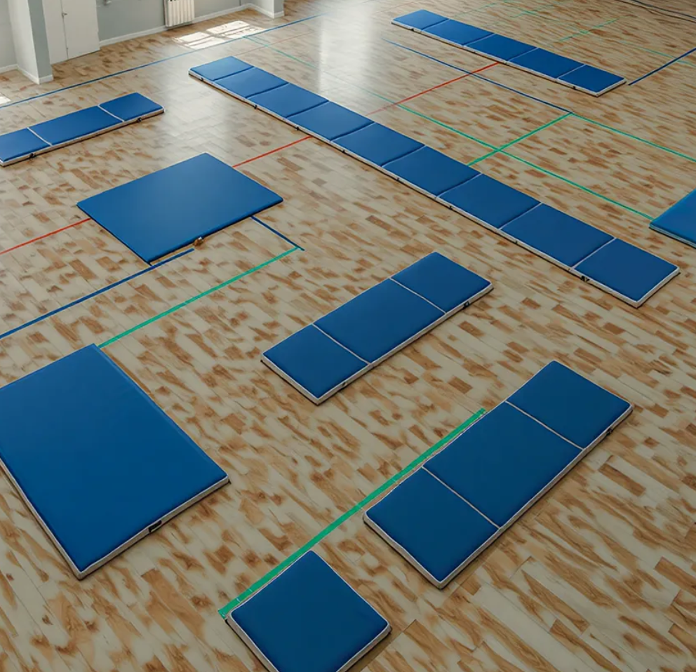 Overhead view of modular air track tumbling mats arranged in a school gym, demonstrating versatile space utilization for education