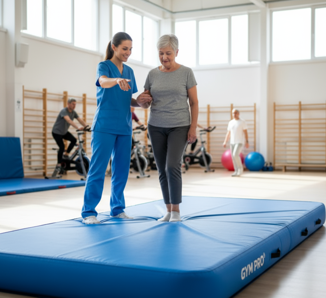 Physical therapist assisting patient on a partially inflated tumble air track mat for low-impact gait training