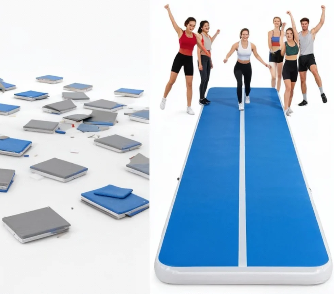 Space efficiency comparison showing 20ft air track vs multiple smaller mats in professional gym