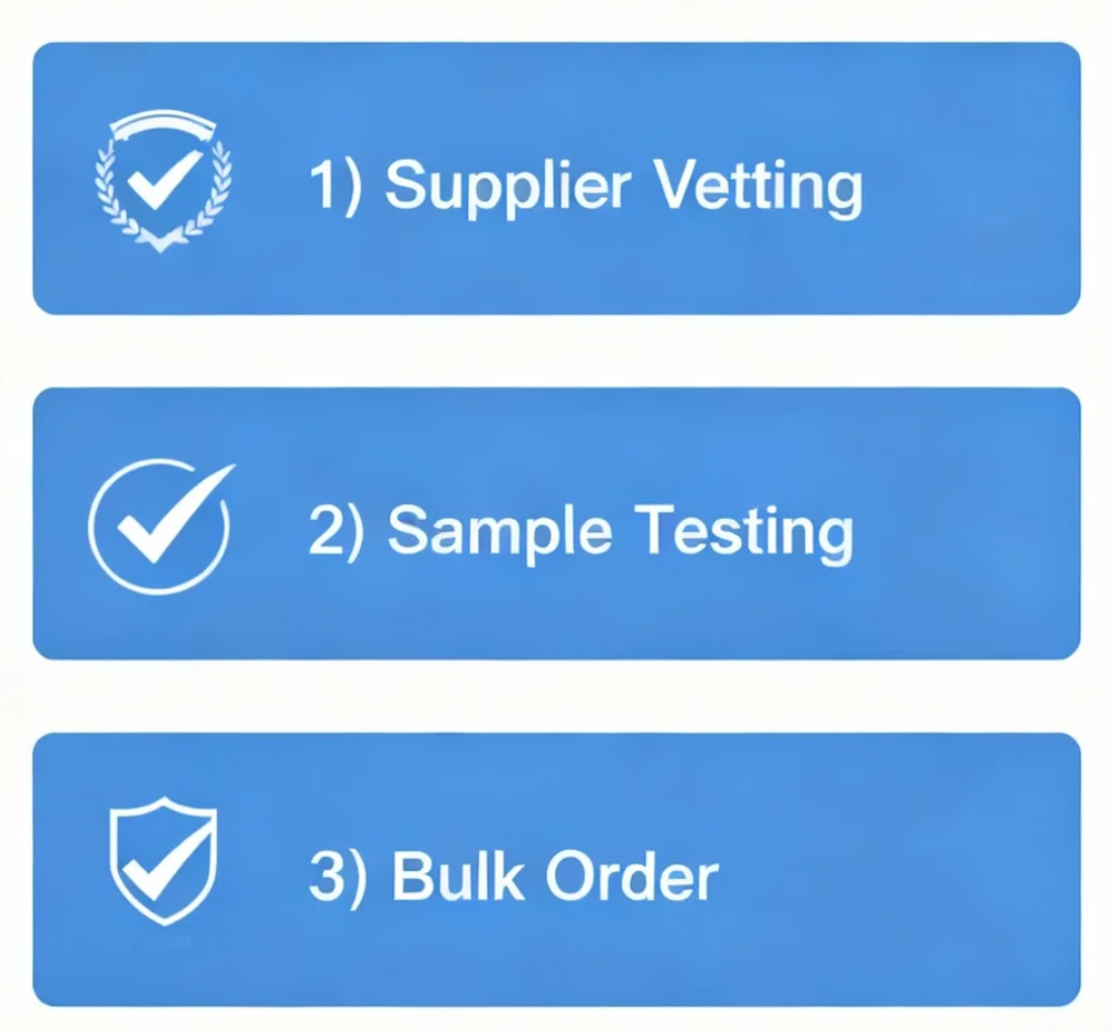 Three-step procurement infographic for sourcing commercial 20ft air track mats for facilities