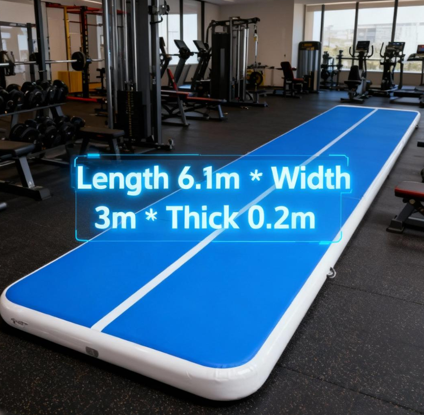 rofessional 20ft air track with dimension overlay showing perfect 6.1 meter length for gym layouts