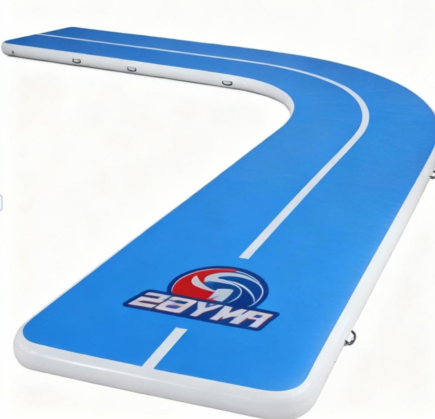 Custom branded 20ft air track with logo in unique layout solving specific facility space challenges