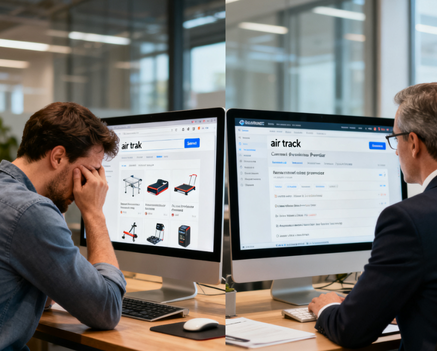 Comparison of search results for misspelled air trak vs correct air track spelling for B2B buyers