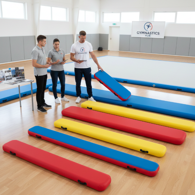 Gym owner evaluating a variety of inflatable gymnastics mats in different colors and sizes
