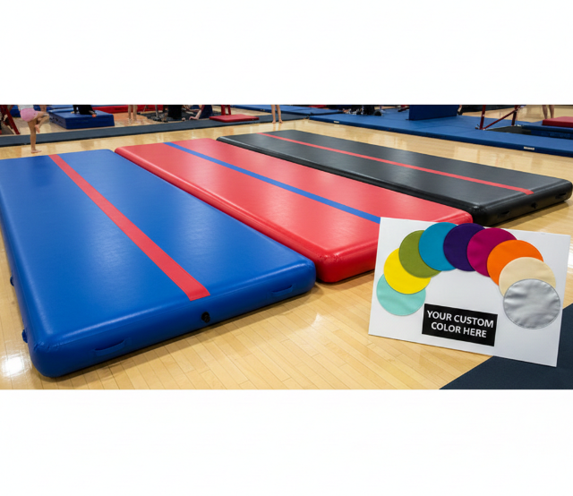 Inflatable gymnastics mats in standard colors, alongside custom color options for personalization.