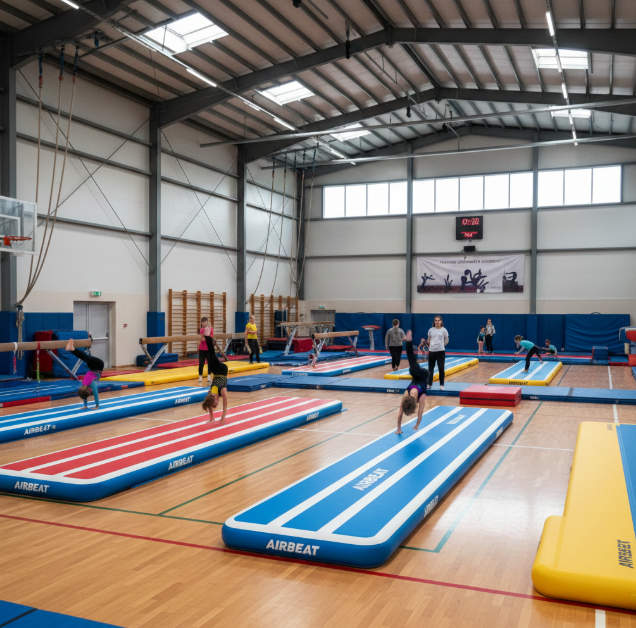 Gym with inflatable gymnastics mats of different sizes arranged for various training needs.