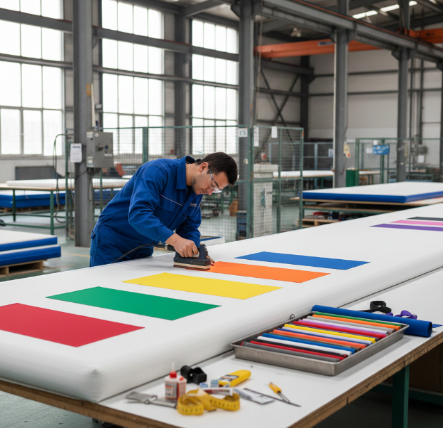 Factory worker customizing inflatable gymnastics mats, showcasing color options for personalization