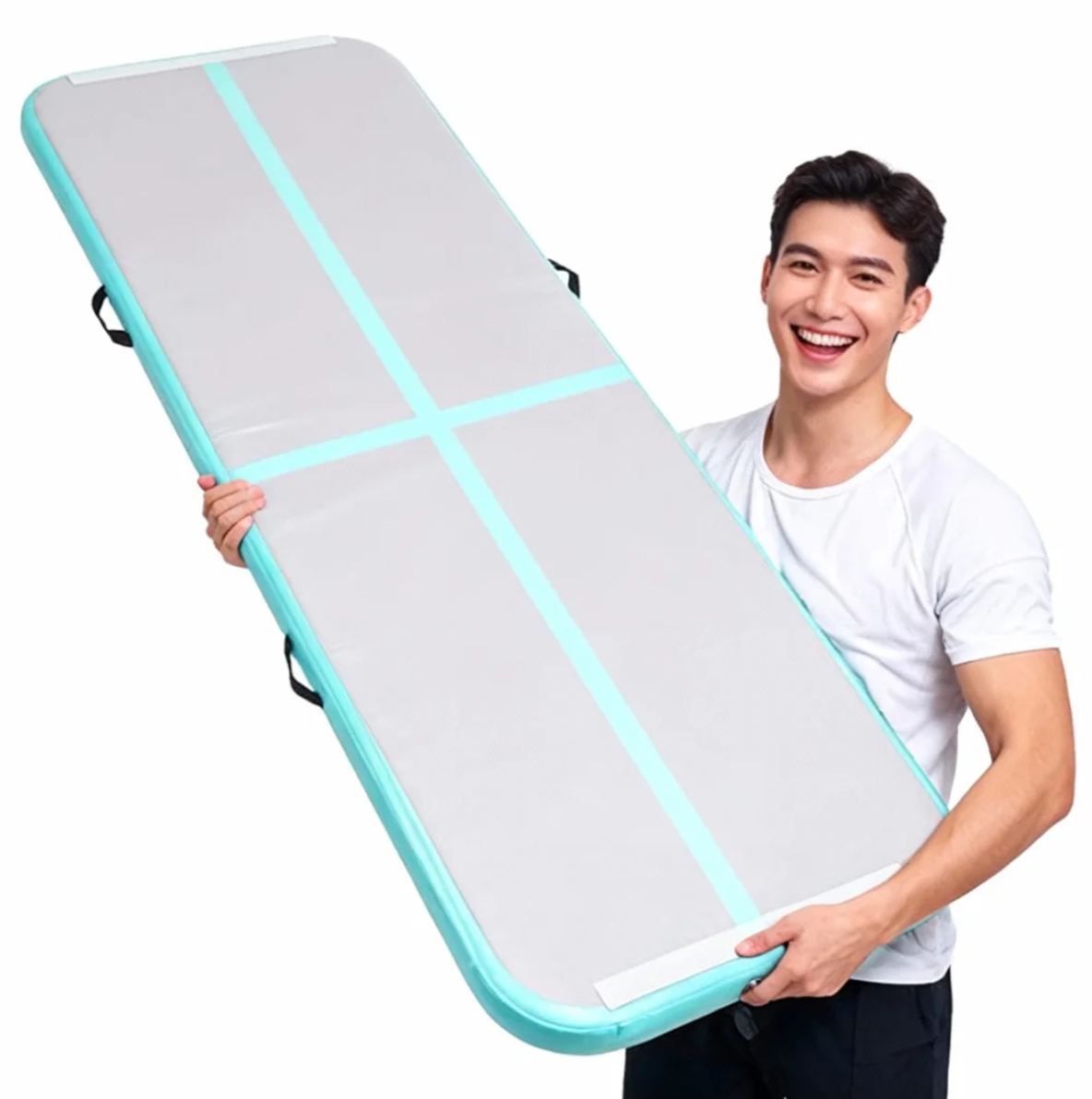 Happy customer receiving quality inflatable gymnastics mats after testing a sample.