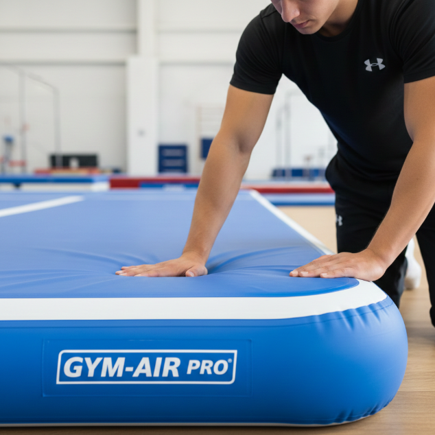 Inspecting a sample inflatable gymnastics mat for quality and specifications.