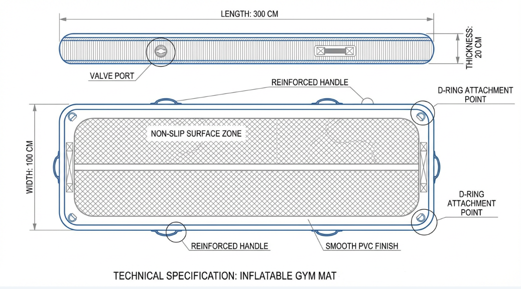 Customizable specifications of inflatable gymnastics mats including size thickness valve and handles