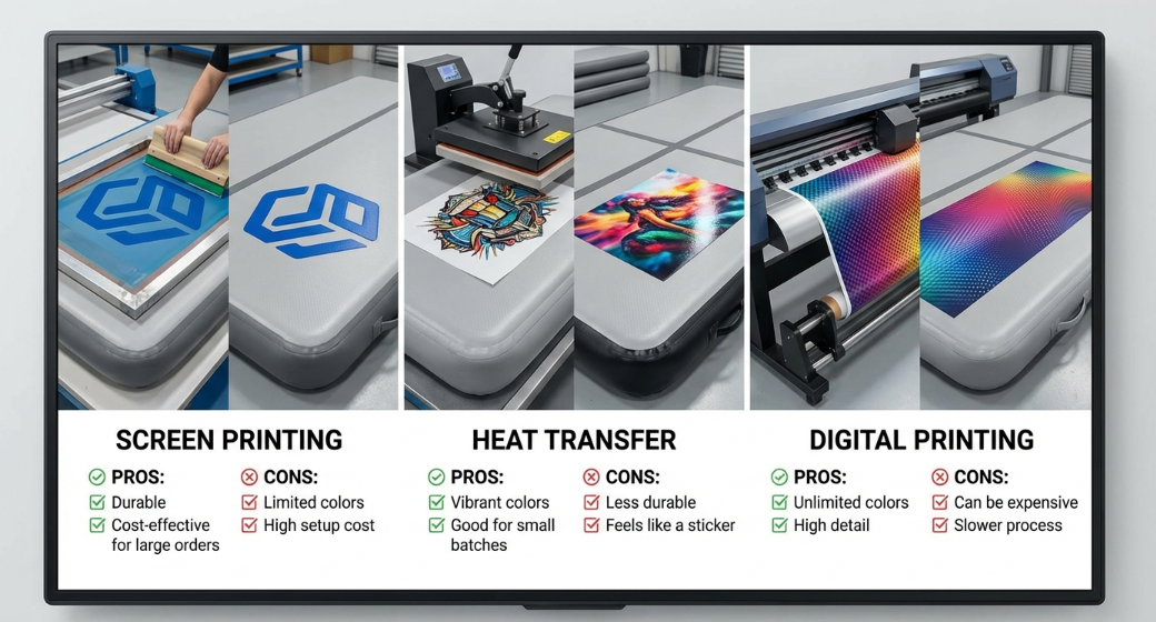 Logo printing methods for inflatable gymnastics mats screen printing heat transfer digital