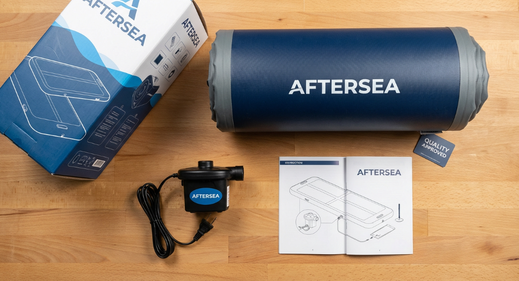 Custom branding options for inflatable gymnastics mats including logo pump and packaging