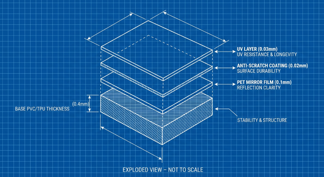 Layered materials of inflatable mirror balls: thickness, mirror film, and coatings