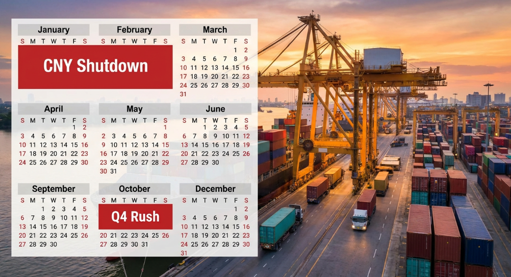 Shipping container terminal showing logistics delays during Chinese New Year and peak seasons.