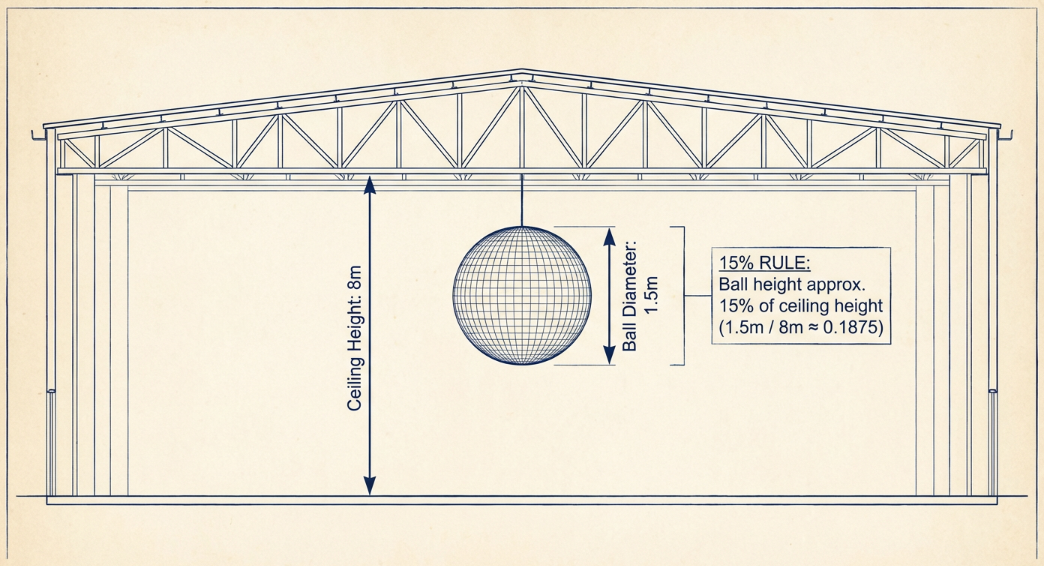 Diagram showing how to choose the right size inflatable mirror ball for event ceilings.