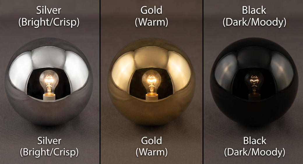 Comparison of reflection clarity between silver, gold, and black mirror balls.