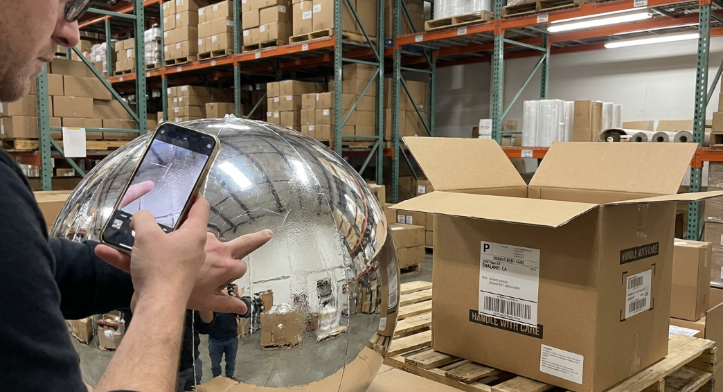 Documenting surface defects and shipping damage on an inflatable mirror ball for an insurance claim.
