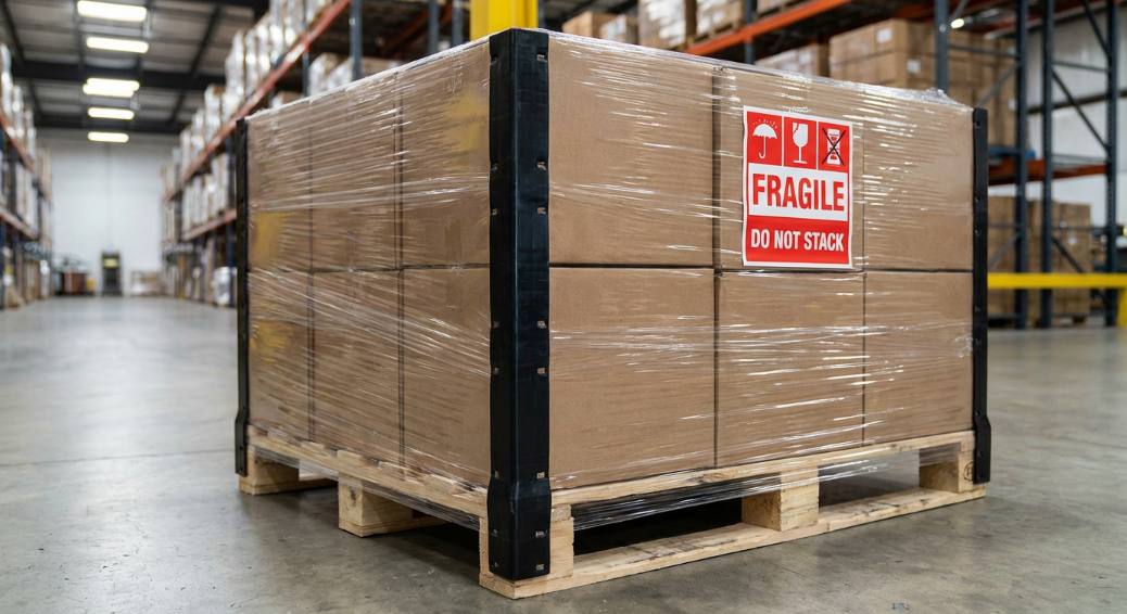 Palletized bulk shipment of inflatable mirror balls with protective corner guards and stretch wrap for safe sea freight.