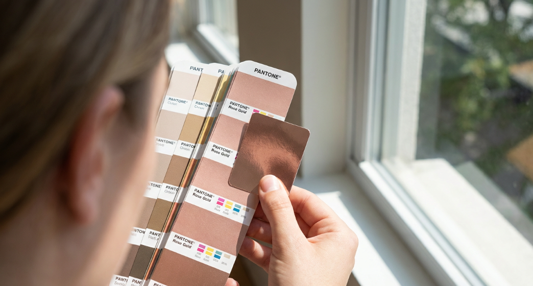 Verifying color accuracy of mirror ball samples using a Pantone chart.