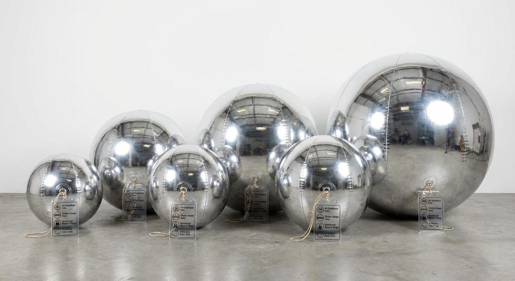product lineup of outdoor-rated inflatable mirror balls; labels calling out UV-stabilized film, thicker gauge, reinforced D-rings, protective clear coat; neutral studio, high realism
