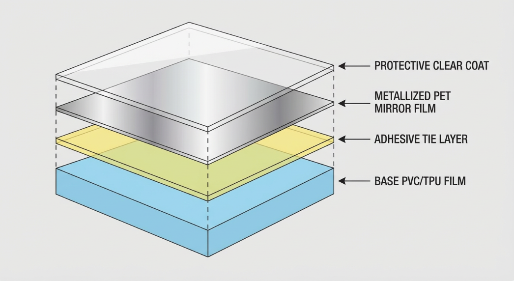 exploded material stack diagram—base PVC/TPU film, adhesive tie layer, metallized PET mirror film, protective clear coat; clean technical illustration, neutral background