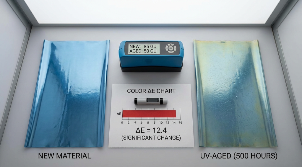 side-by-side panel of new vs. UV-aged inflatable film swatches; gloss meter reading and color ΔE chart; controlled light booth, high-detail macro