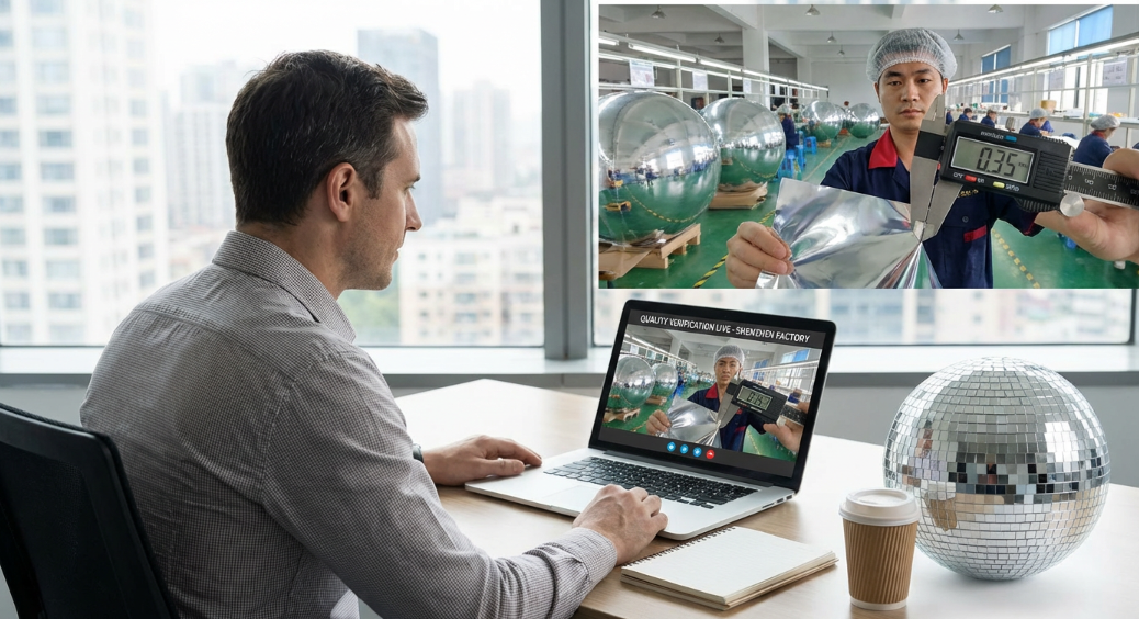 importer on video call with factory manager; factory floor visible in background, caliper measuring film thickness on camera, real-time verification scene, professional office