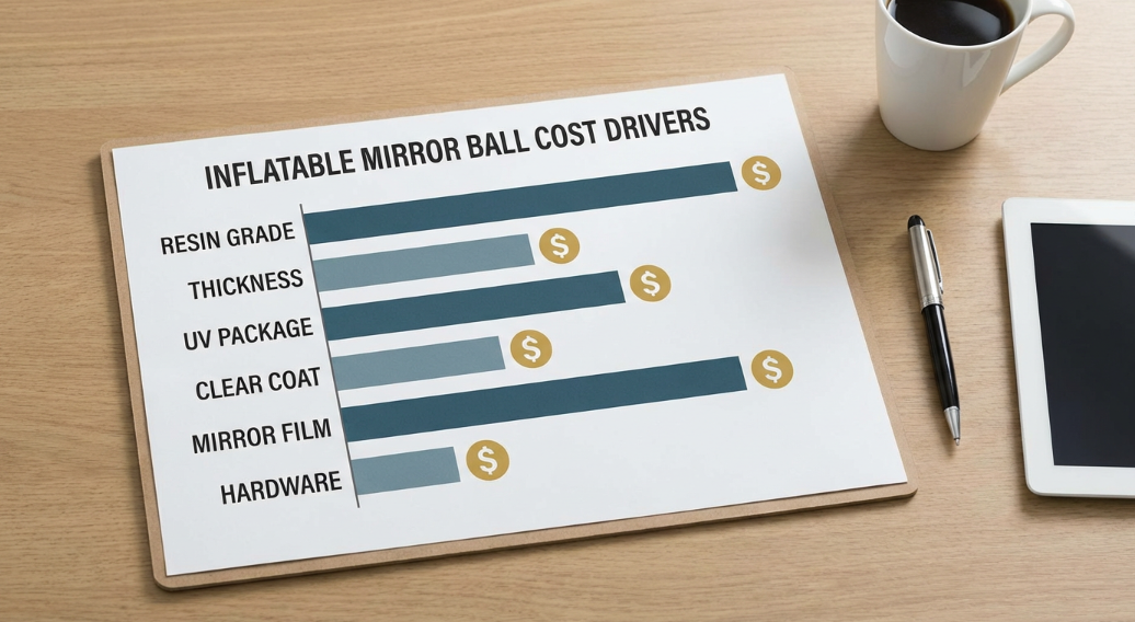 cost drivers chart—resin grade, thickness, UV package, clear coat, mirror film, hardware; neat bar graph, neutral office tabletop