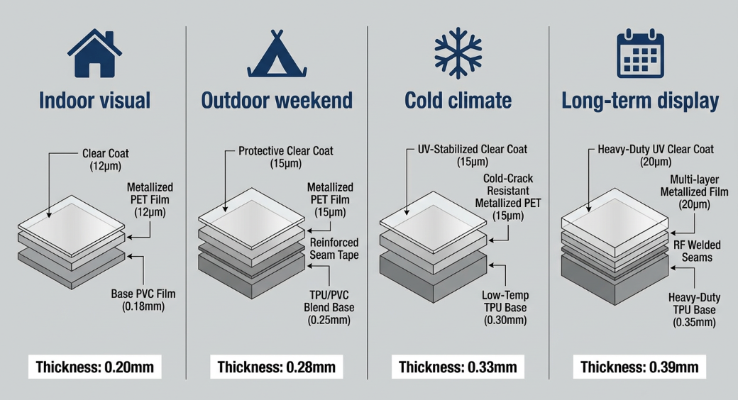 comparison board with “Indoor visual,” “Outdoor weekend,” “Cold climate,” “Long-term display”; each with material callouts and thickness; crisp infographic