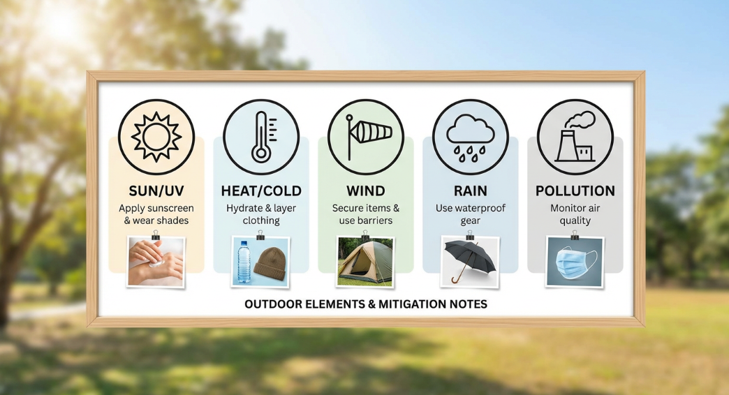 infographic board with icons for sun/UV, heat/cold, wind, rain, and pollution; mitigation notes; clean vector + photo composite, outdoor scene in background