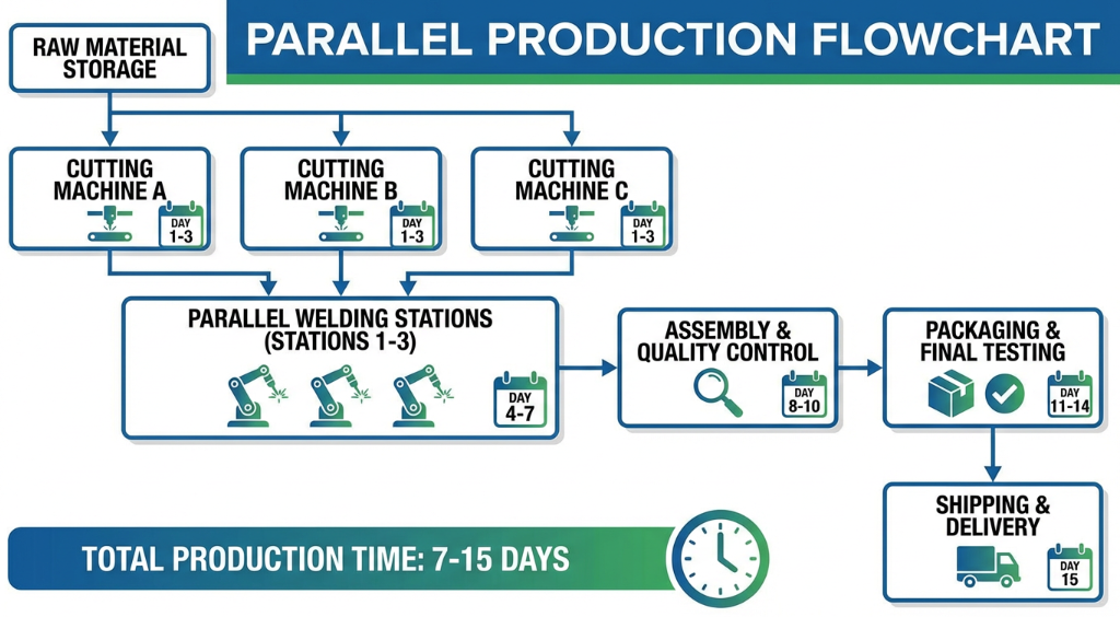 factory production line flowchart; parallel processing shown—multiple cutting machines and welding stations working simultaneously; calendar icons indicating