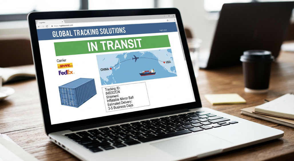 tracking number search result on a laptop screen; showing