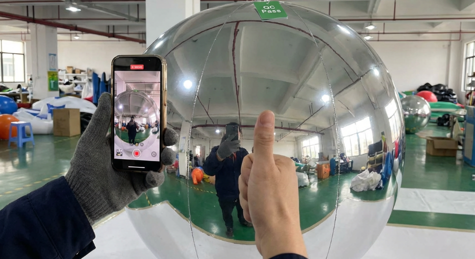 factory worker holding a smartphone filming a fully inflated mirror ball; thumbs up gesture, reflection visible in the ball,