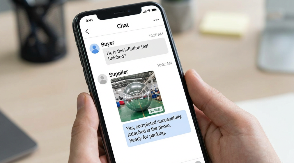 smartphone chat screen mock-up; buyer asking