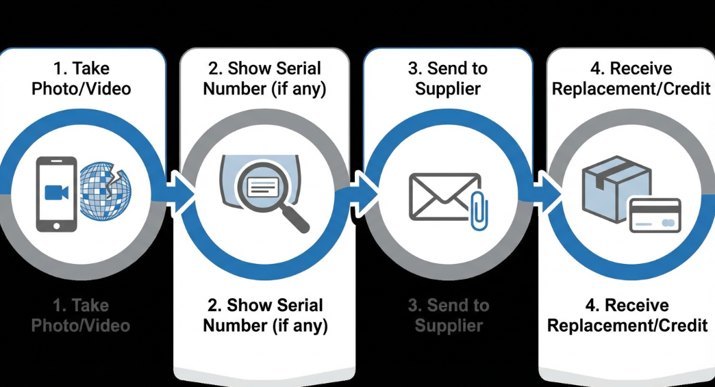 steps to claim warranty infographic; 1. Take Photo/Video, 2. Show Serial Number (if any), 3. Send to Supplier, 4. Receive Replacement/Credit; clean process flow style