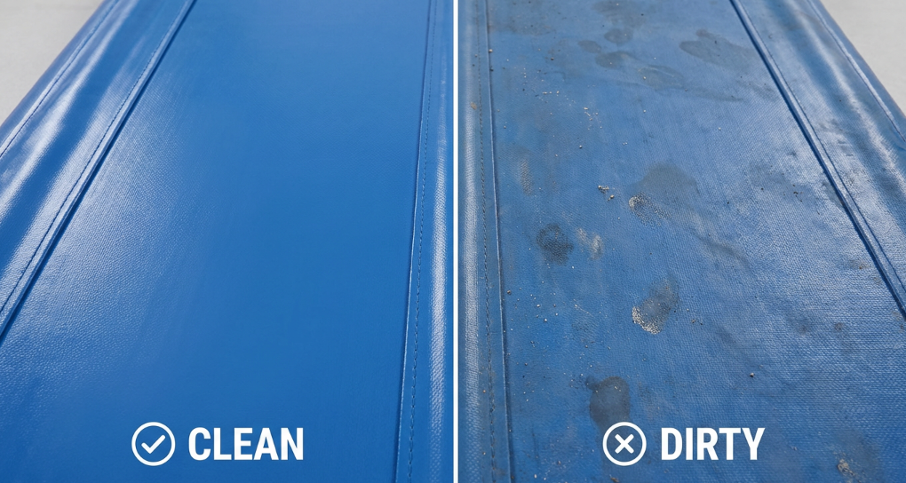 Comparison showing clean and dirty air track surface highlighting importance of regular maintenance
