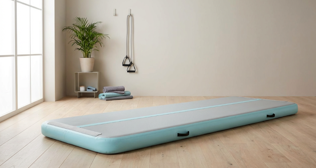 Air track mat used for yoga and home workouts in a clean indoor environment