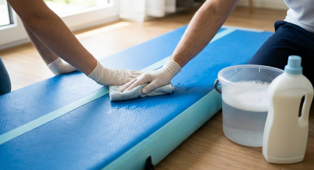 Proper step-by-step cleaning process of an air track mat using mild soap and water