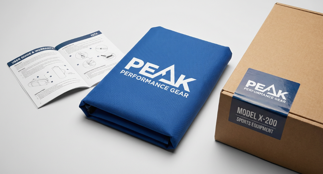 A high-resolution product shot of a custom branding set: a blue oxford cloth bag with a white logo, a printed instruction manual, and a color sticker label on a box