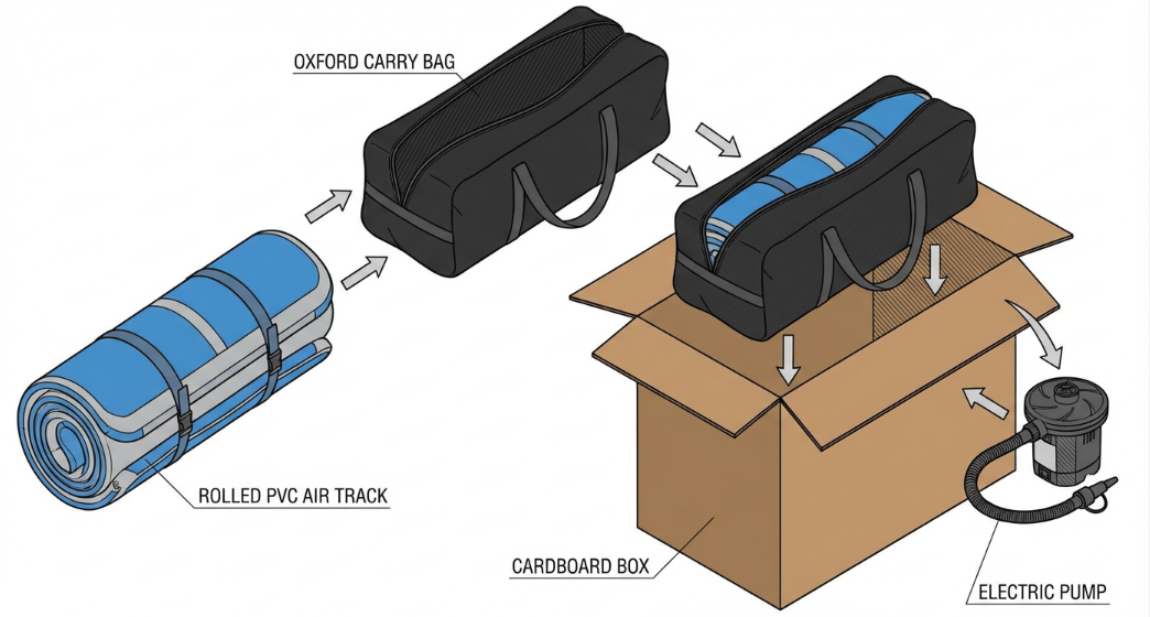 A technical exploded view diagram showing an inflatable air track being packed