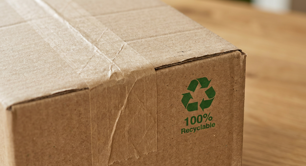 A close-up of an eco-friendly shipping box. The box is made of brown recycled cardboard and sealed with paper tape. A '100% Recyclable' icon is printed on the side