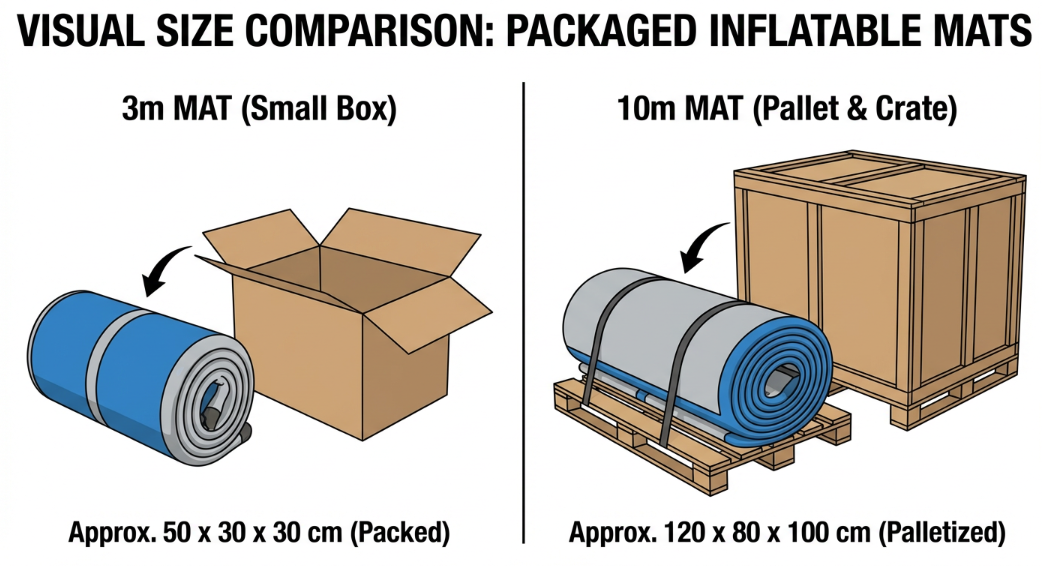 A comparative chart showing different sizes of rolled air tracks next to their corresponding shipping boxes. A small box for a 3m mat and a large, pallet-sized box for a 10m mat.