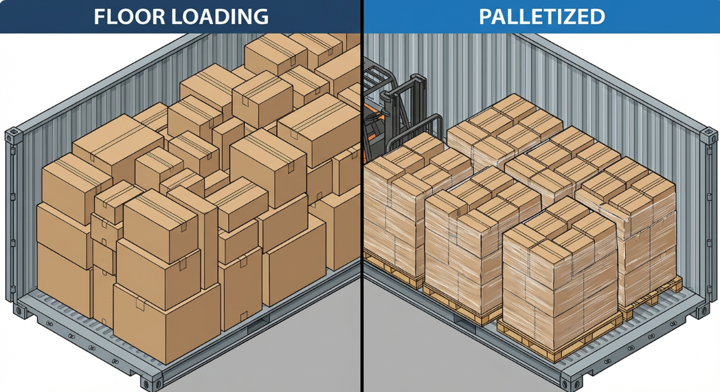A split-screen illustration showing a shipping container interior. Left side: Loose boxes stacked floor-to-ceiling (Floor Loading). Right side: Boxes neatly stacked on wooden pallets