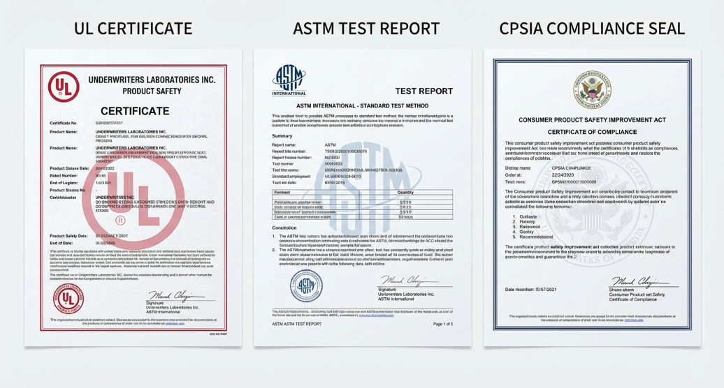 A flat-lay arrangement of three official certification documents with their logos clearly visible: a UL certificate, an ASTM test report, and a CPSIA compliance seal.