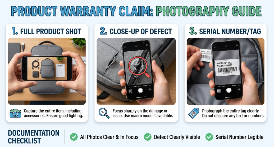 A photography guide infographic. It shows a hand holding a phone taking three types of photos: 1. Full product 2. Close up of defect 3. Serial number tag.