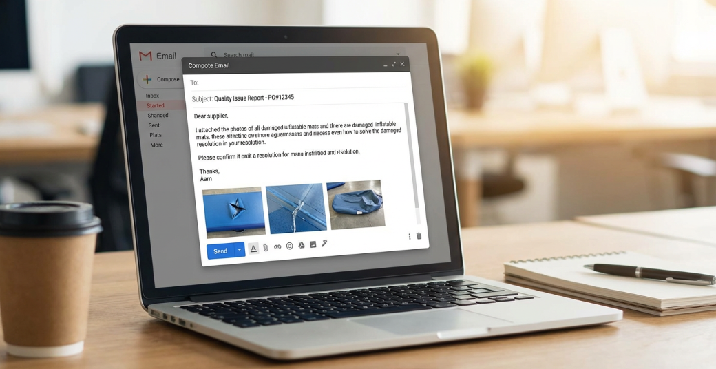 A professional email interface on a laptop screen. The subject line reads 'Quality Issue Report