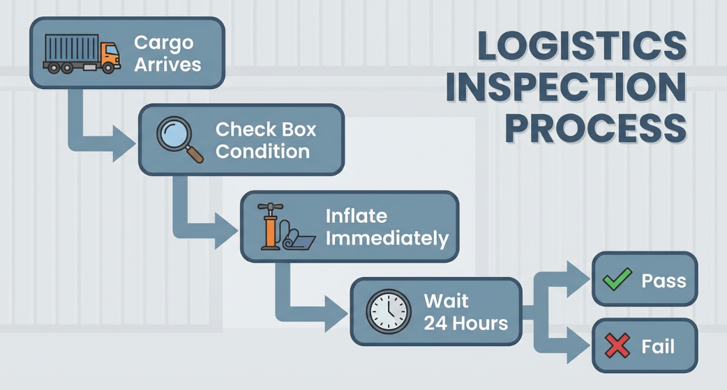 A flowchart showing the inspection process: 'Cargo Arrives' -> 'Check Box Condition' -> 'Inflate Immediately' -> 'Wait 24 Hours' -> 'Pass/Fail'