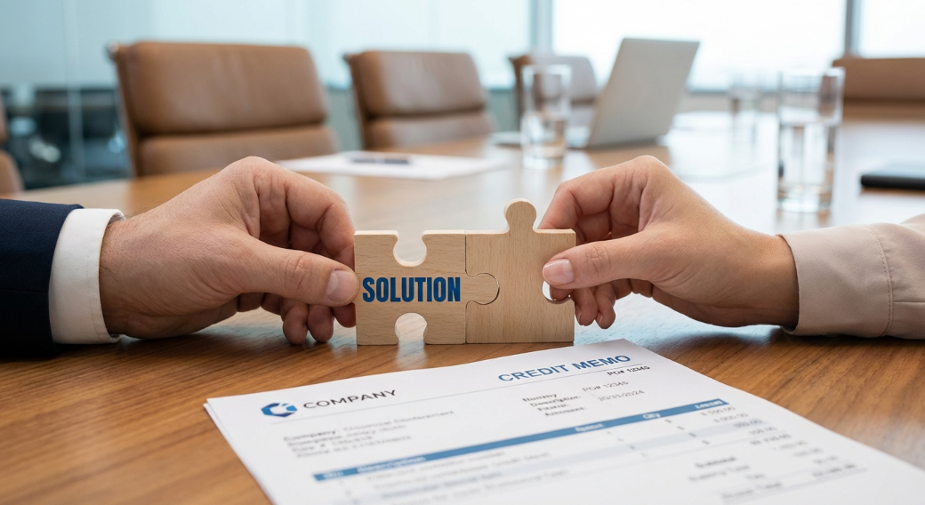 A business negotiation concept image. Two hands assembling a puzzle piece labeled 'Solution' over a document labeled 'Credit Memo'